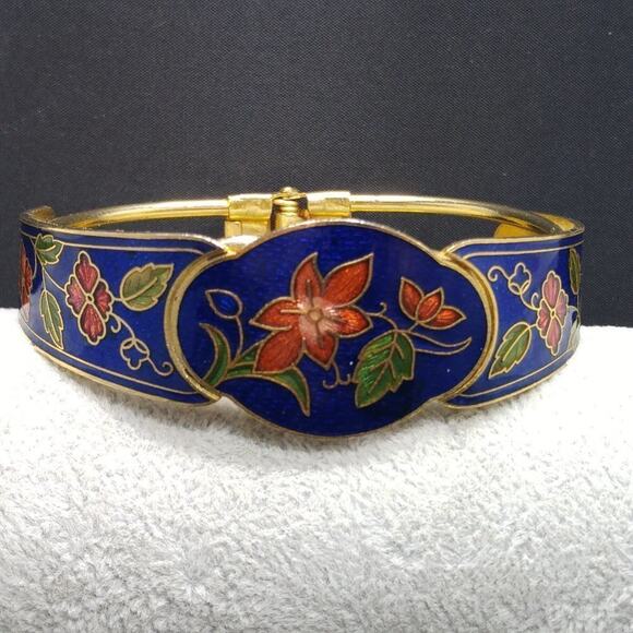 Vintage Cloisonne Blue Enamel Red Flower Bracelet, Hinged, 1970s, 7 Inches - Picture 3 of 10
